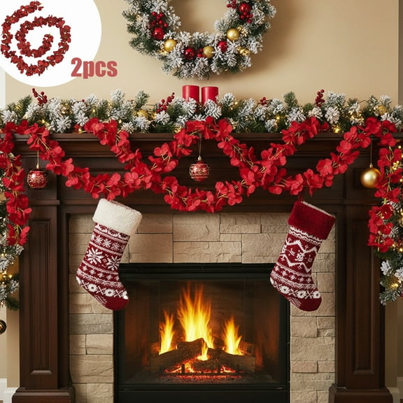 KOYPTL 2 Pack Red Artificial Rose Garland,79 Inch Faux Flowers Christmas Garland Hanging Christmas Decorations for Mantel Fireplace Wedding Table Center Indoor Home Decor
