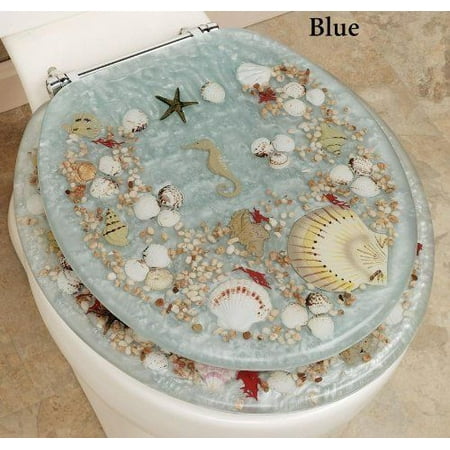 Seahorse Acrylic Toilet Seat - JEWEL SHELL SEASHELL AND SEAHORSE RESIN TOILET SEAT, CHROME HINGES, STANDARD SIZE, BLUE