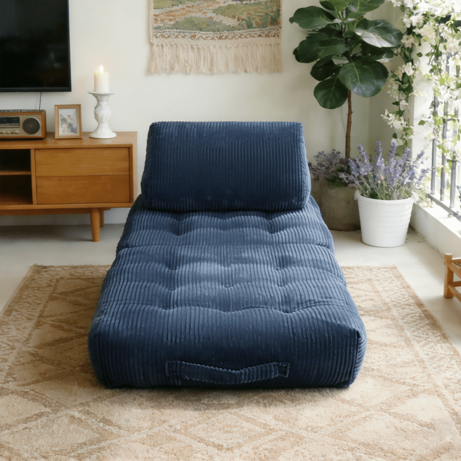 PAPROOS Bean Bag Chair for Adults, Corduroy Bean Bag Lounger, Convertible Floor Sofa Bed, Comfy Lounge Chair with Back Support for Bedroom, Dorm, Game Room and Living Room, Blue