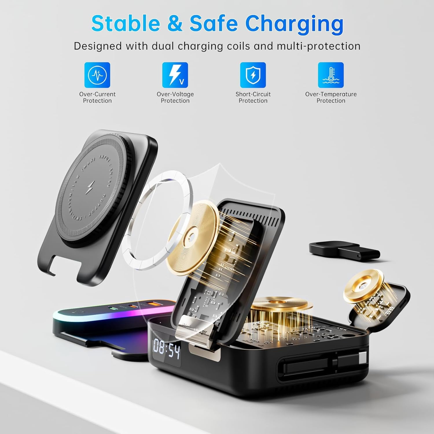 8-in-1 Wireless Charging Station,15W Magnetic Foldable Charger,65W Fast Charging Stand,Retractable Cable,LED Clock,USB-C/A Ports,Multi-Device Charging for i Phone,i Watch,Air pods,Mag Safe Compatible
