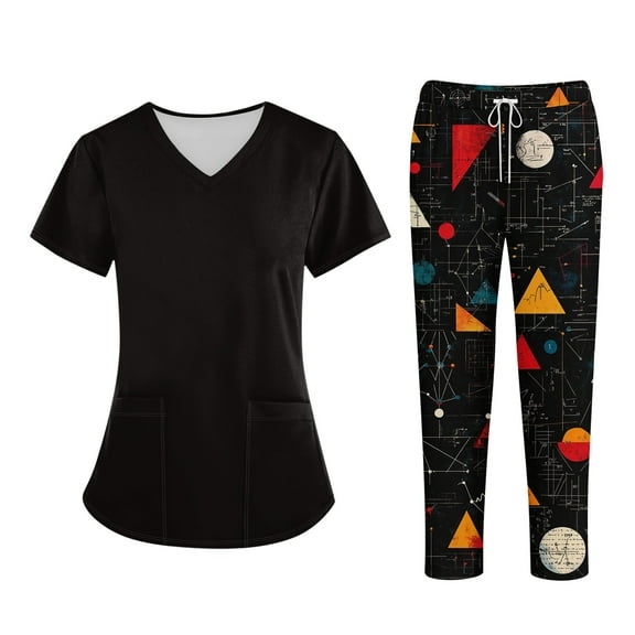 Scrub Sets For Woman,Scrubs For Women Set Short Sleeve Animal Flower Printed Tops Pants Work Uniforms Nurse Clothing Two Piece Set,Black,L
