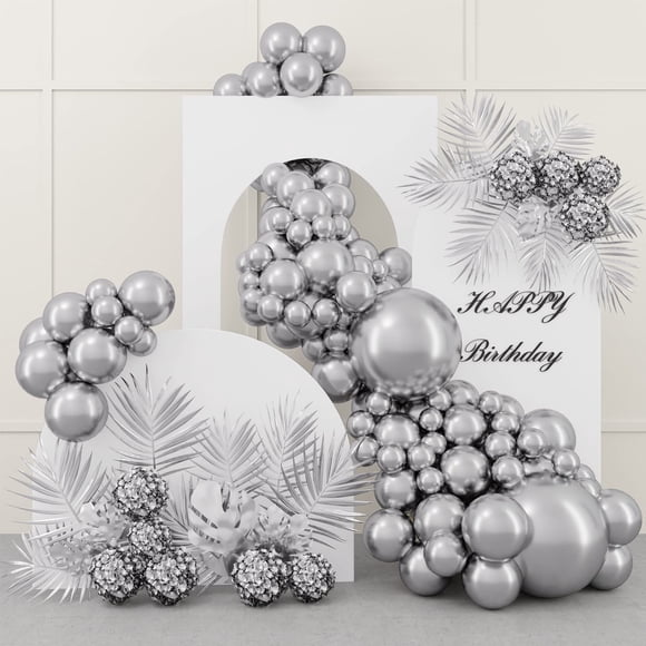 Set de globos RUBFAC de látex plateado, 87 unidades, con cinta para fiestas
