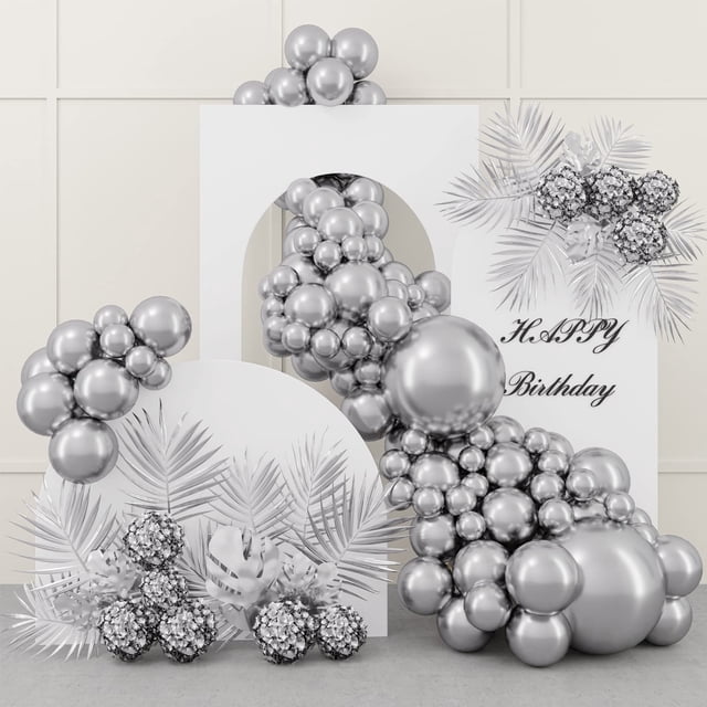 Set de globos RUBFAC de látex plateado, 87 unidades, con cinta para fiestas