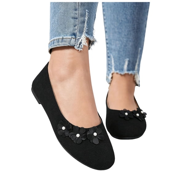 Rokment Womens 3D Flower Ballet Flat Dress Shoes Stylish Casual Round Toe No Heels Comfortable Walking Slip on Loafers for Business Office Black Size 6.5