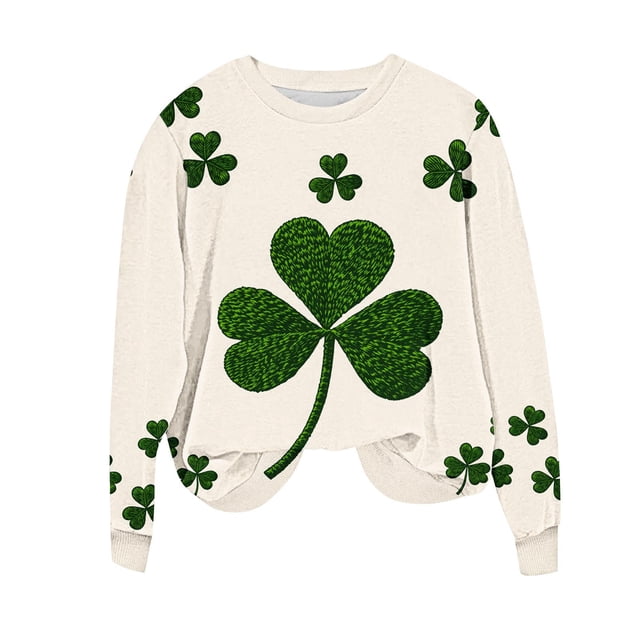 Wo-Fusoul Chandail de la Saint-Patrick pour Femmes, Trèfle Imprimé Coupe Ample Col Rond Manches Longues, Vert