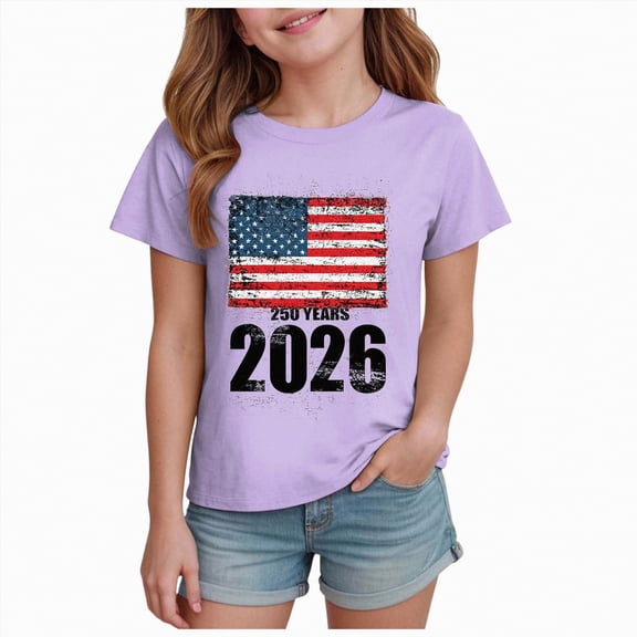 kpoplk Girls American Pride T-Shirts 250 Years Anniversary Patriotic Tee USA Flag Print Short Sleeve Tops(Purple,5-6 Y)