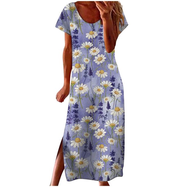 Vestido largo de playa para mujer con estampado de verano bohemio de manga corta con volantes Pompotops ghjkhdj10899
