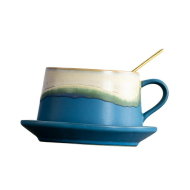 Taza de café de cerámica de 280 ml para cenas, regalos de cumpleaños para adultos Azul amarillo
