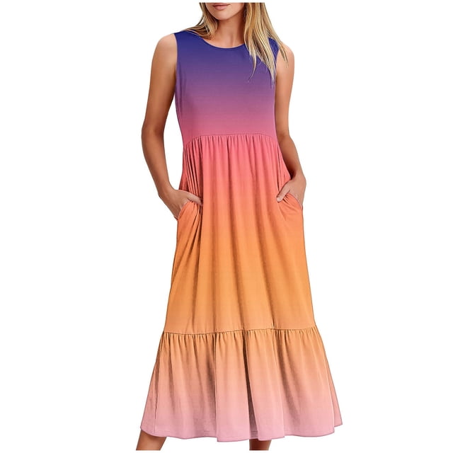 Dvkptbk Summer Robes Décontractées de Plage pour Femmes 2024 Mode Robe Dégradée Robe Midi Sans Manches Robe Évasée Robe Débardeur Robe d'Été Plissée Robe Débardeur avec Poches
