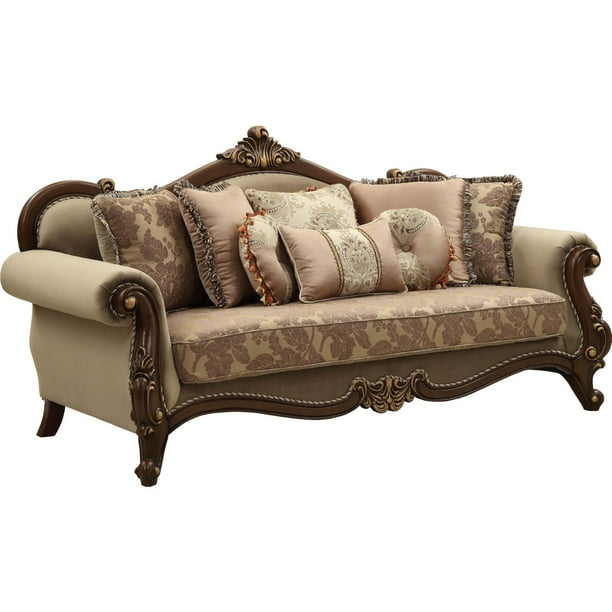 Beige Tan Velvet Walnut Wood Sofa Mehadi 50690 Acme Traditional Classic Walmart Com Walmart Com