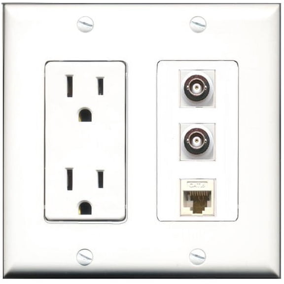RiteAV - 15 Amp Power Outlet 2 Port BNC 1 Port Cat6 Ethernet Ethernet White Decorative Wall Plate