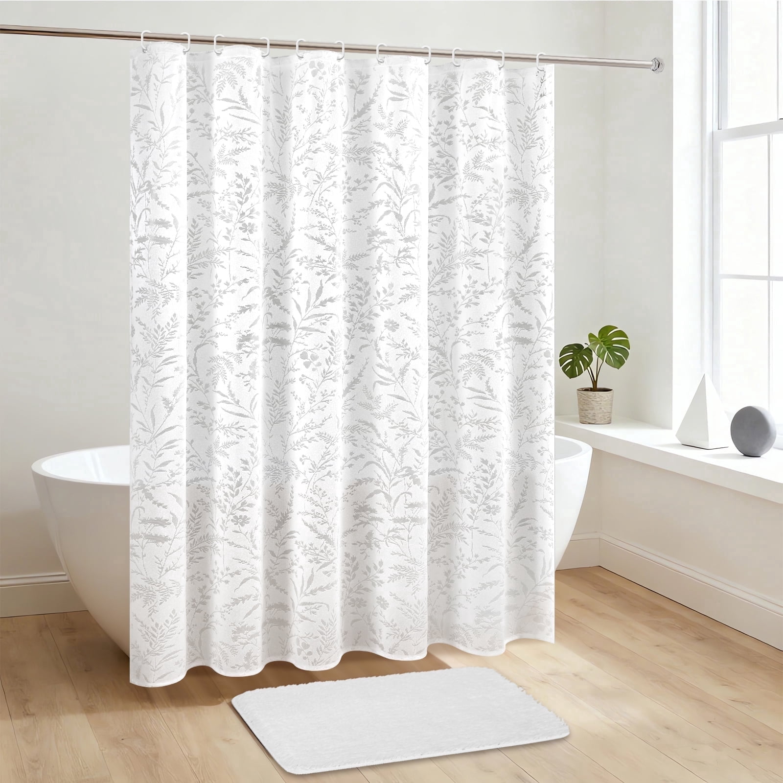 FRAMICS Fabric Shower Curtain Sets with Rug and Hooks, Lace Floral Leaves Bathroom Sets, Waterproof & Mold Resistant, White