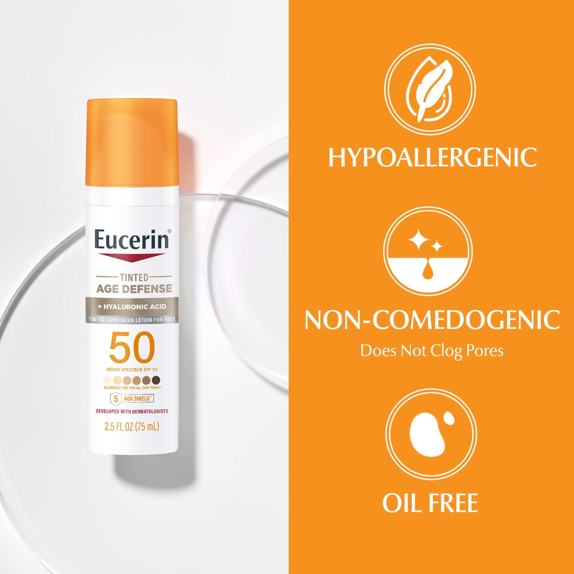 Eucerin Sun Age Defense Tinted Face Sunscreen Lotion, Hyaluronic Acid, Blendable, SPF 50, 2.5 fl oz