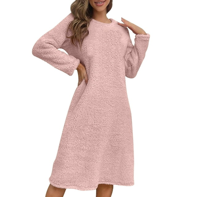 Lenpel Robe de Nuit en Molleton Duveteux pour Femme, Décontractée, à Manches Longues, Col Ras du Cou, Peluche, Chaude, Tenue de Détente, Tunique, Longueur Genou, Robe de Sommeil (Rose, Très Grand)