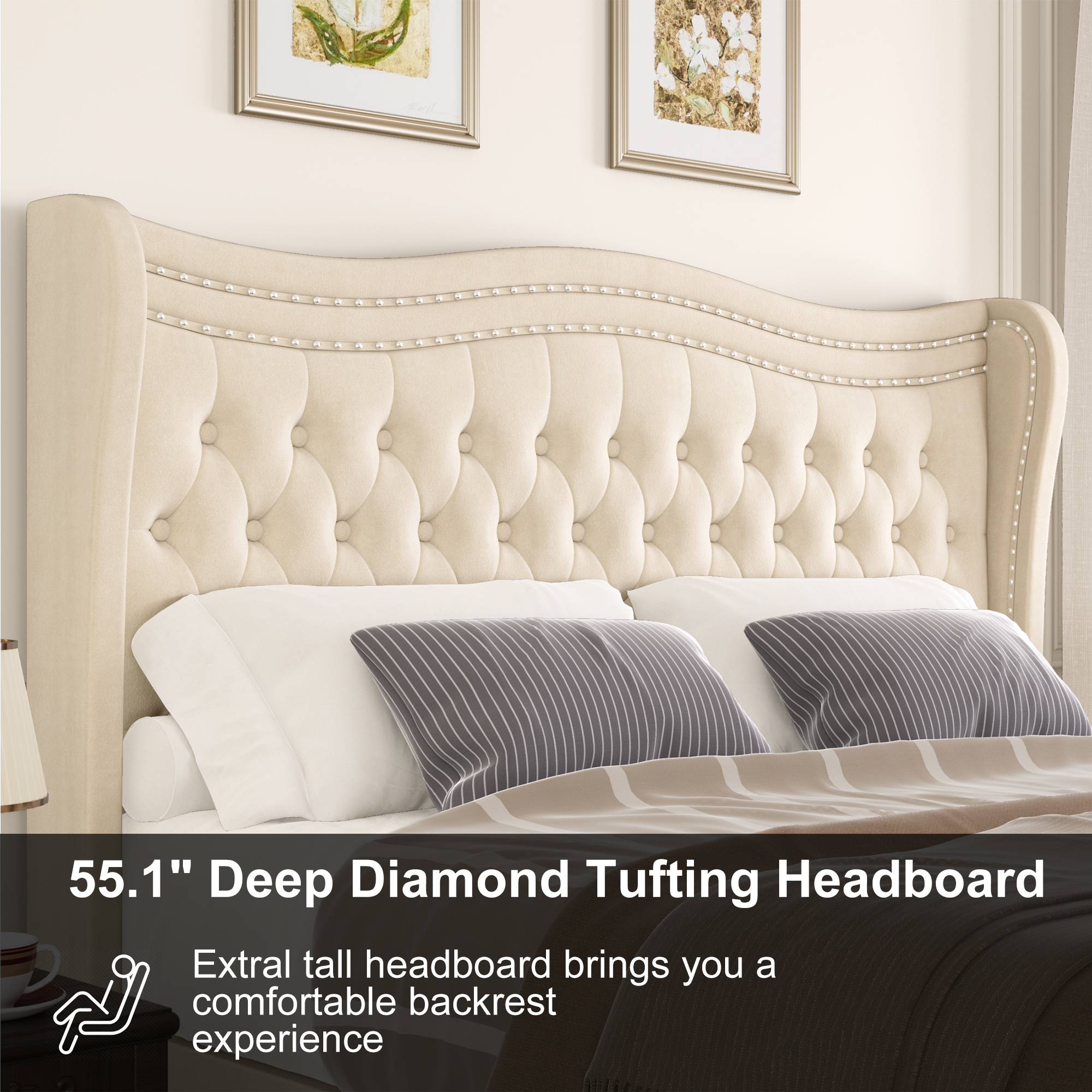 BSHTI Upholstered Queen Size Bed Frame – Diamond Tufted Wingback Headboard, Platform Bed with Wooden Slats, No Box Spring Needed（Beige）