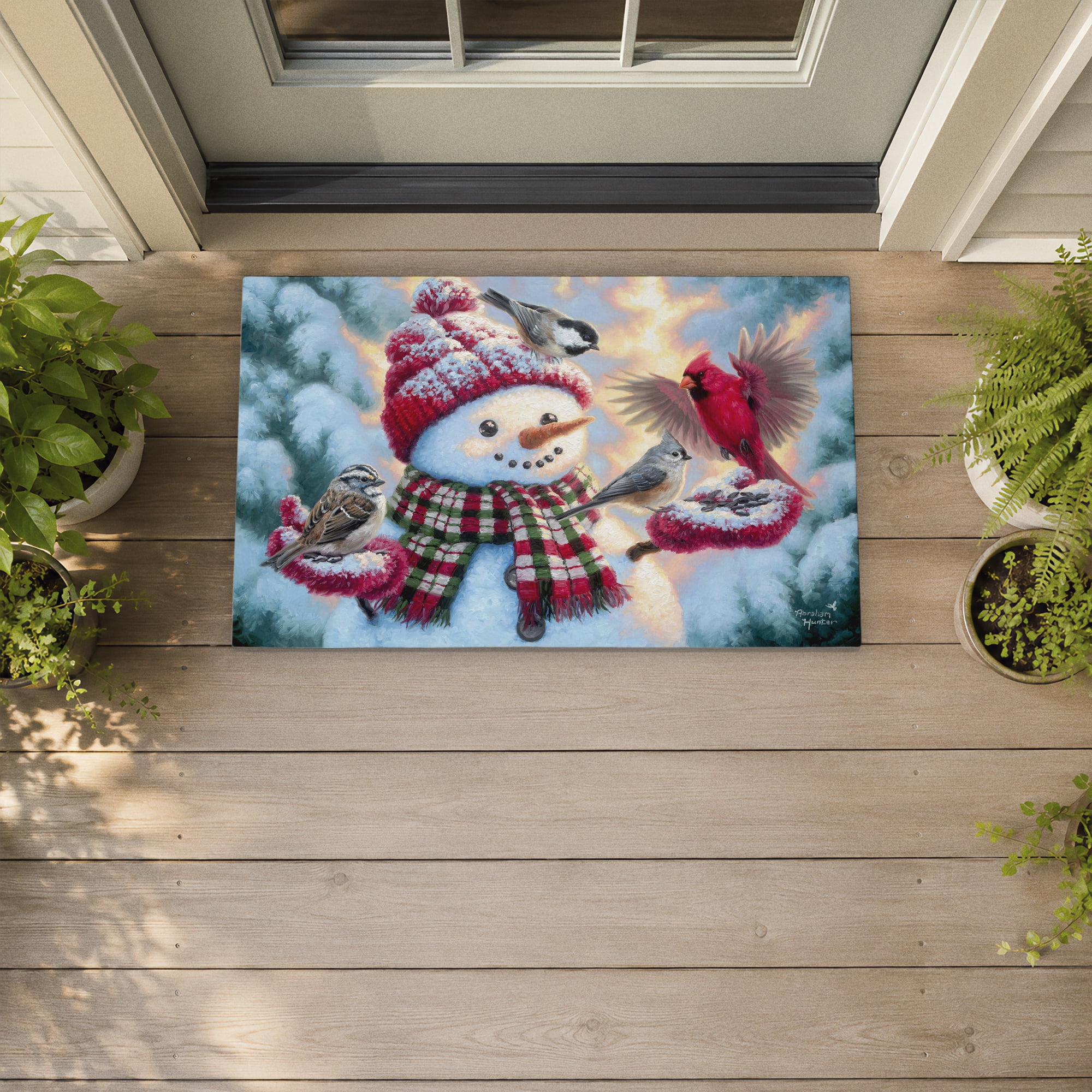 Stupell Industries Happy Snowman with Landing Birds Printed Outdoor Door Floor Mat, design by Abraham Hunter