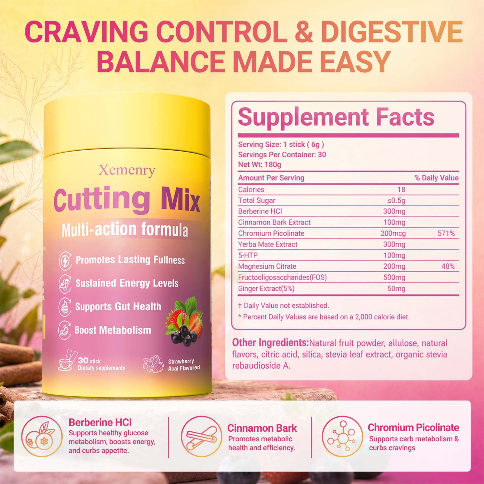Cutting Mix Drink - with Berberine, Chromium, Yerba Mate & 5-HTP - Supports Satiety, Energy & Gut Health, Promote Metabolism -Strawberry Acai - 30 Sticks