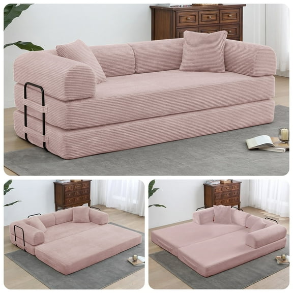 78" Convertible Sleeper Sofa Bed, Holaki Compression Folding Sofa with Pillow & 3 Seat, Corduroy Folding Sofa Couch with Fixed-Shape Frame, Floor Sofas Lounge Couch for Living Room Bedroom, Pink