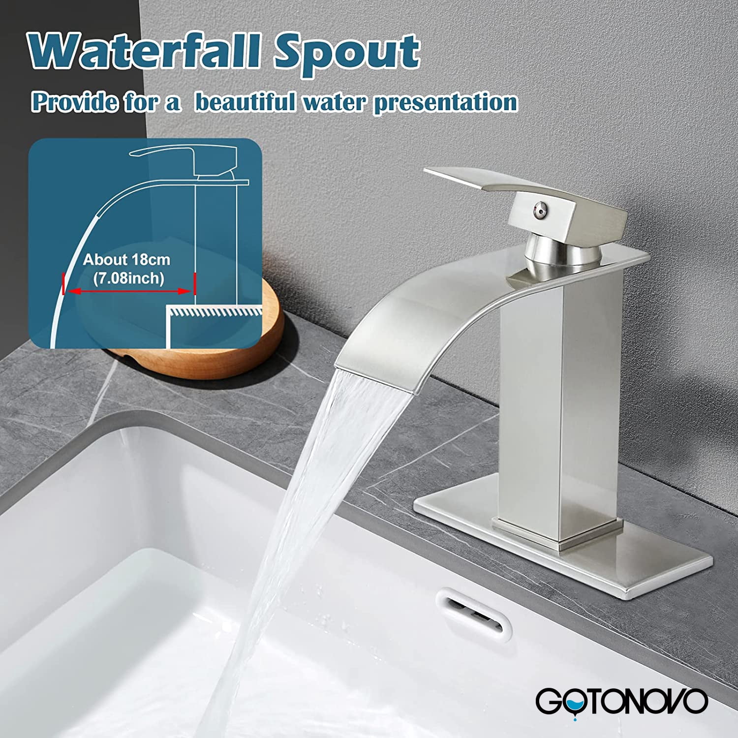gotonovo Brushed Nickel Bathroom Sink Faucet Waterfall Spout Single Handle 1 Hole Deck Mount Mixer Tap Lavatory Vanity Sink Faucet Commercial with Deck Plate and Pop Up Drain