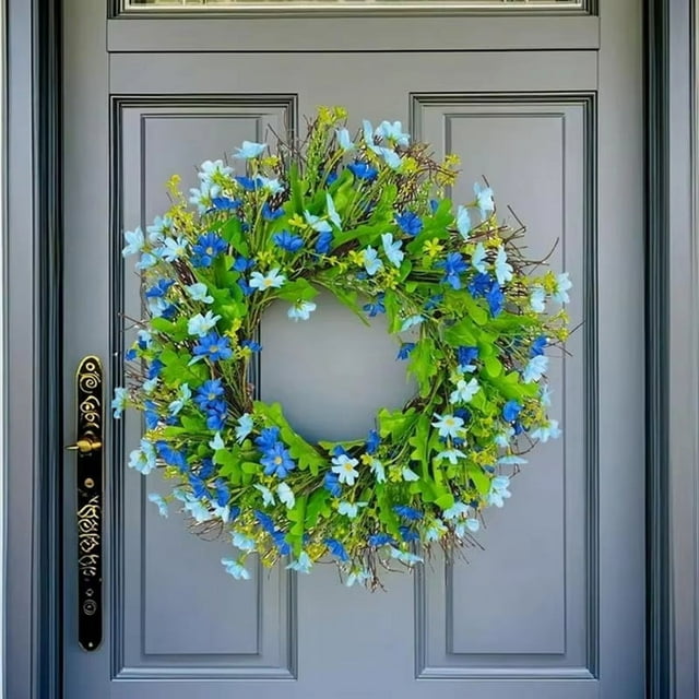 Spring Wreath for Front Door Artificial Spring Front Door Garland Bright Color Wildflower Wreath for Porch Fireplace,1 * Spring Wreath Decoration,Green