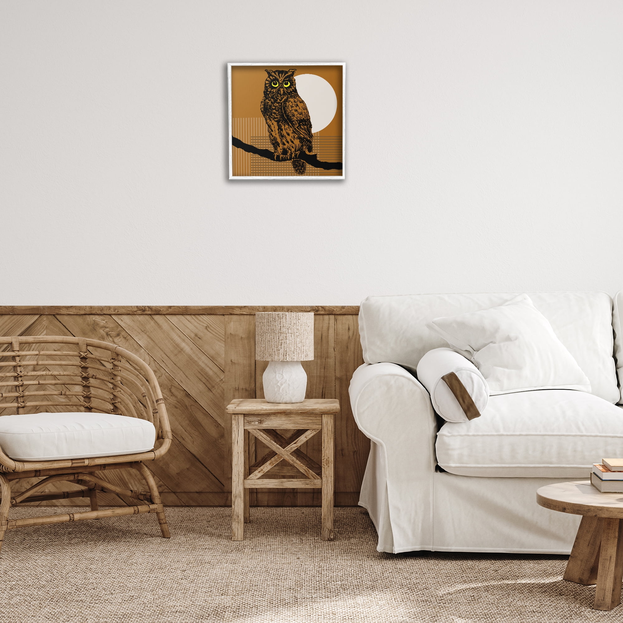 Stupell Industries Owl Perched with Moon Animals & Insects Painting White Framed Art Print Wall Art, 17 x 17