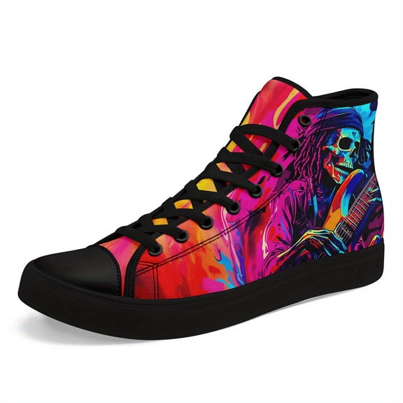 Coolcustomize Men's Bold Skull Guitar High-Top Sneakers - Vibrant Street Art Design, Breathable Fabric Upper, Lace-Up Casual Shoes with Rubber Sole, Perfect for Urban Fashion, Casual Streetwear