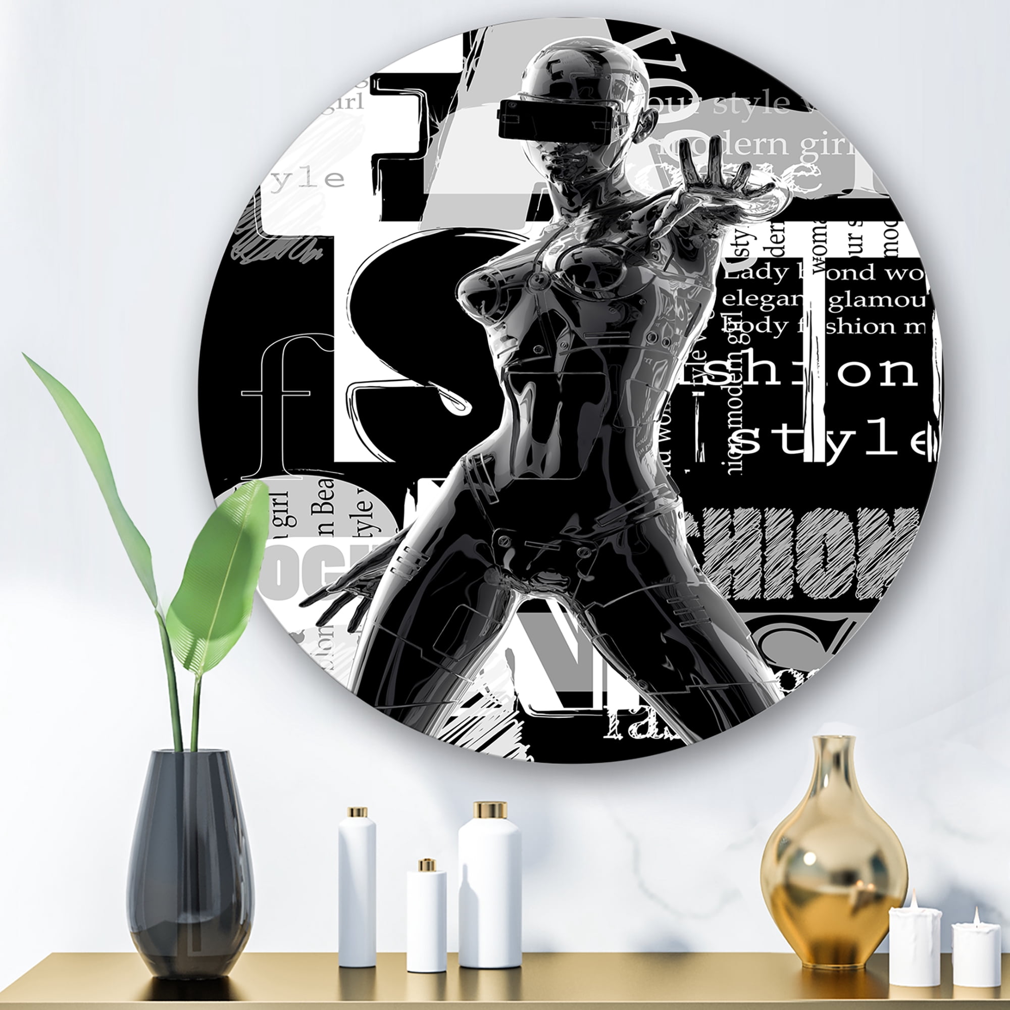Designart 'Black and White Cyborg Body II' Modern Circle Metal Wall Art 11x11 - Disc of 11