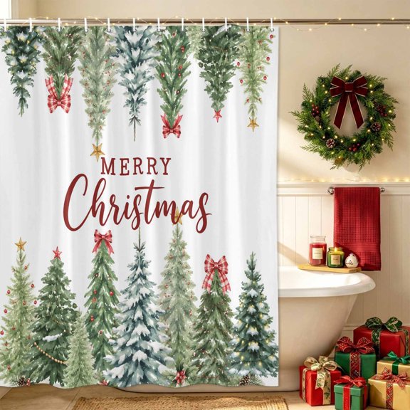 Merry Christmas Bathroom Shower Curtain, Cottagecore Pine Tree White Waterproof Washable Soft Bath Curtain for Bathtub Decor with 12 Hooks&Grommet, 36x78in