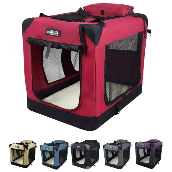 EliteField 3-Door Folding Soft Dog Crate with Carrying Bag and Fleece Bed (2 Year Warranty), Indoor & Outdoor Pet Home (20" L x 14" W x 14" H, Maroon)