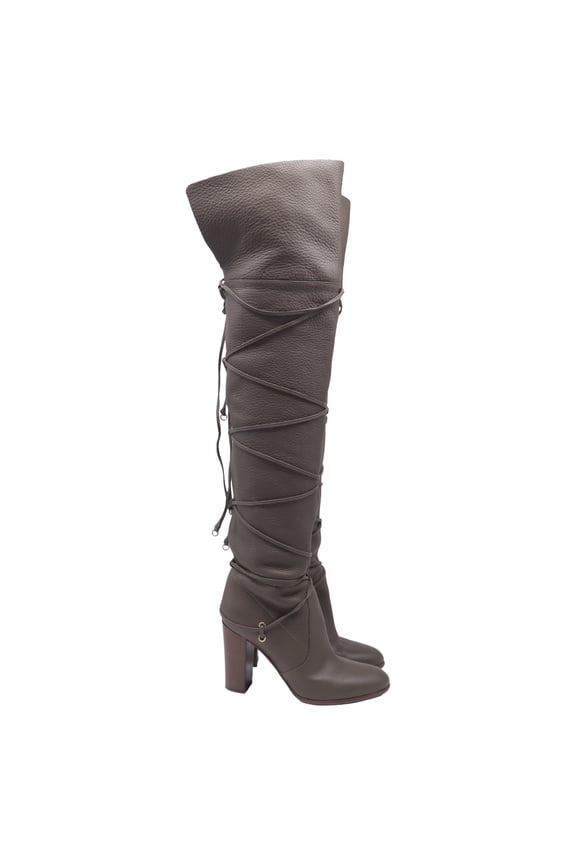 Pre-Owned Sergio Rossi Wrap Around Thigh-High Boots in Grey Leather