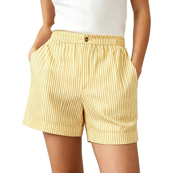 Striped Summer Shorts for Women Button Closure Elastic Waist Casual Shorts with Pockets