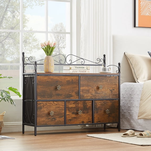 VECELO Fabric Dresser with 5-Drawer for Bedroom Chest of Drawers Storage Dresser, Furniture Dresser Industrial Modern Dresser for Hallway Entryway, Brown
