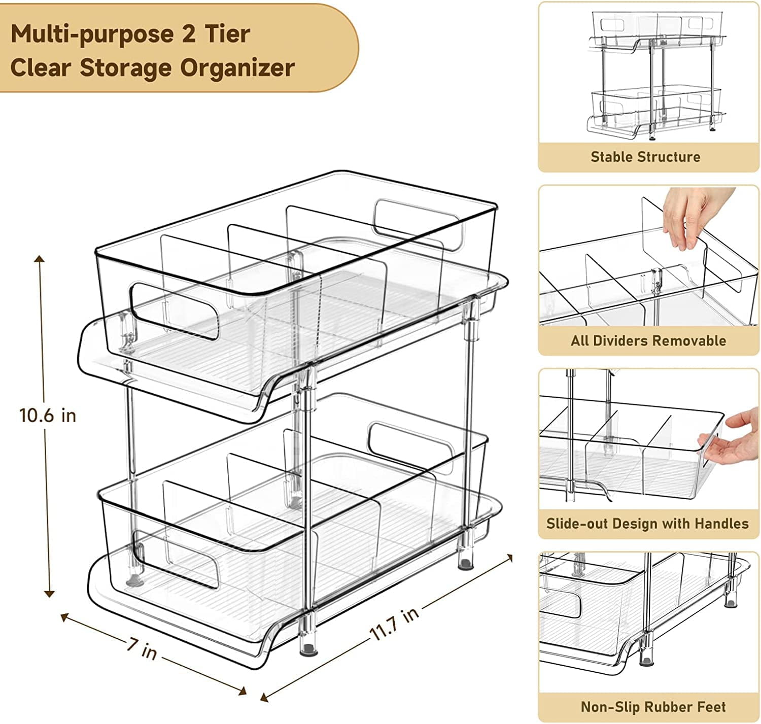 2-Tier Bathroom Organizer with Dividers, Clear Under Sink and Pull-Out Cabinet Storage for Kitchen and Pantry Organization