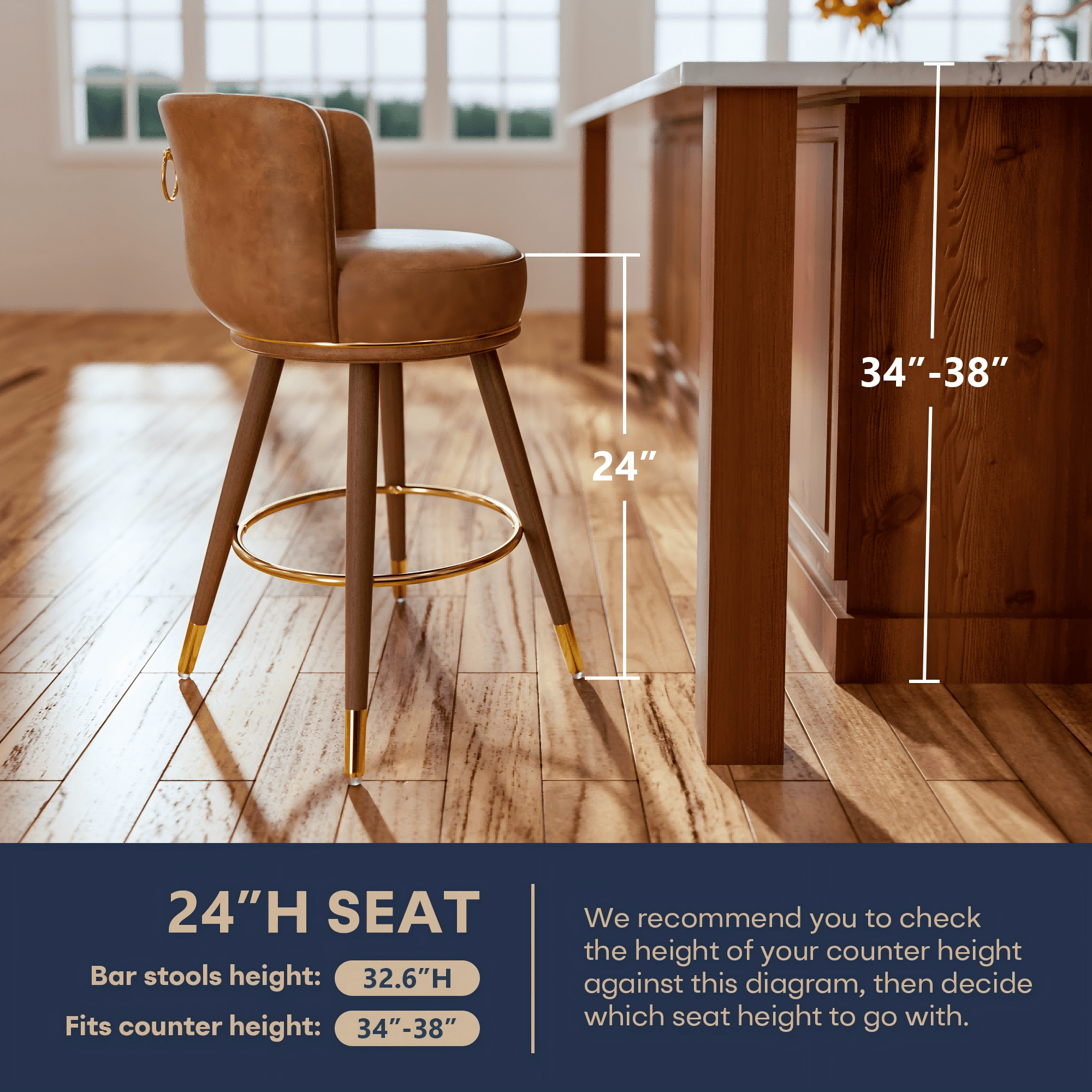 HomeZeer 24" Bar Stools Set of 4, Counter Height Bar Stools with Curved Back Swivel Barstools Pub Chairs with Wood Legs, Brown