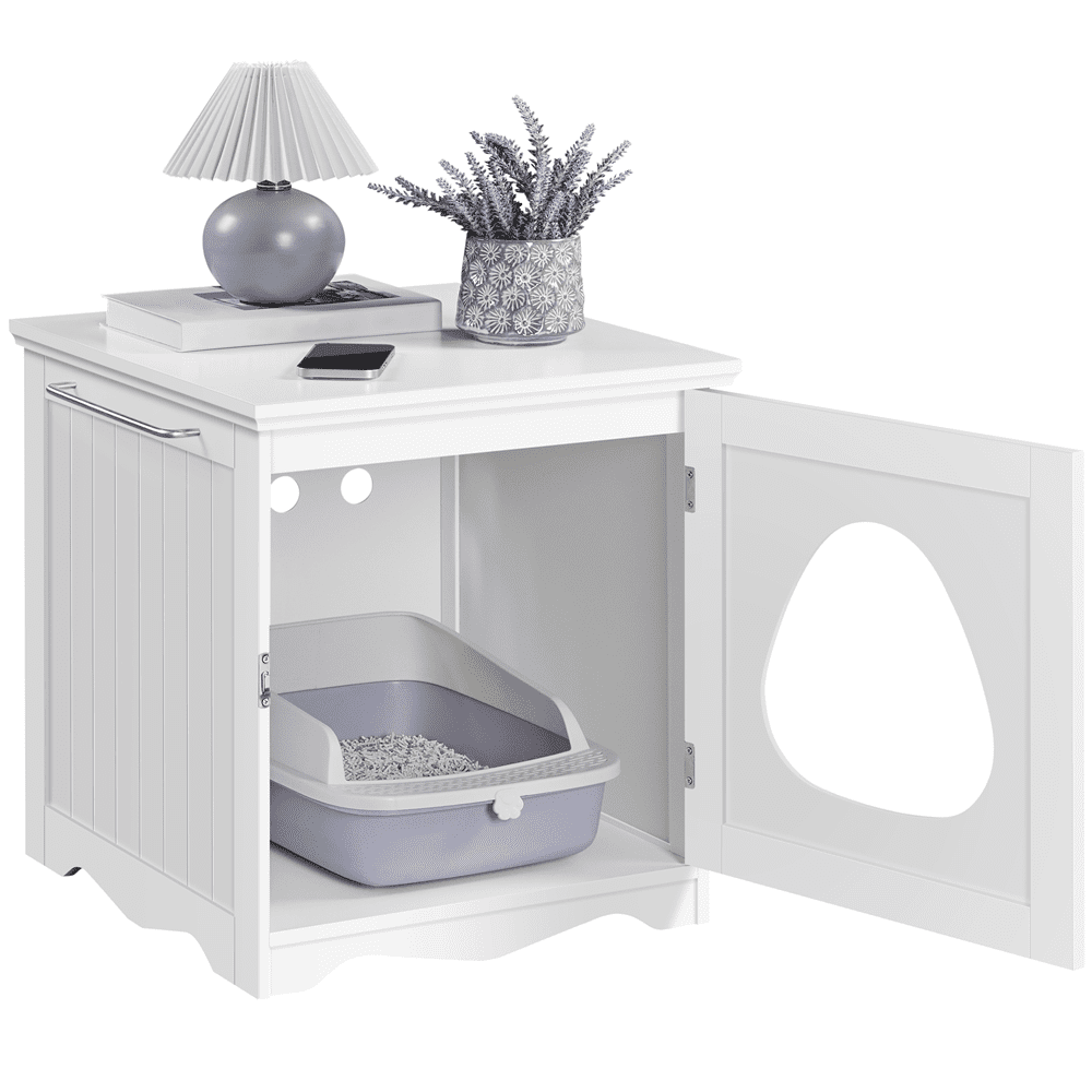 Alden Design Wooden Enclosed Litter Box Cat House Side Table, White
