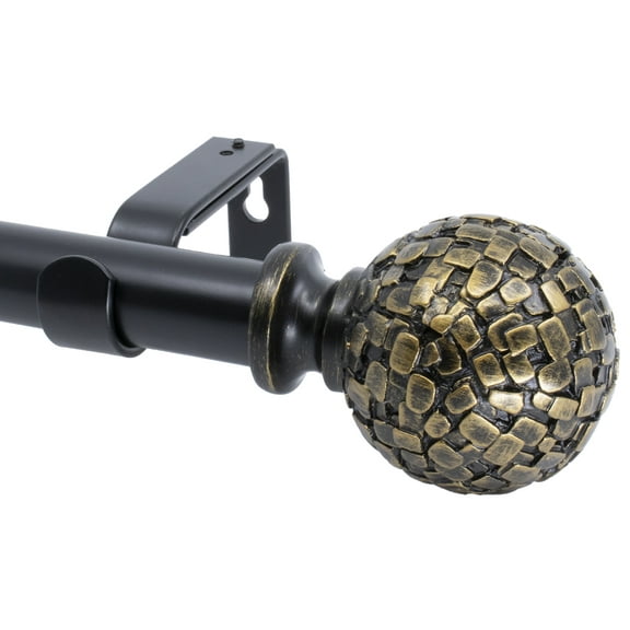 Meriville 1" Diameter Telescoping Single Window Treatment Curtain Rod, 28" to 48", Black rod with Fuso Burnt Gold Finial