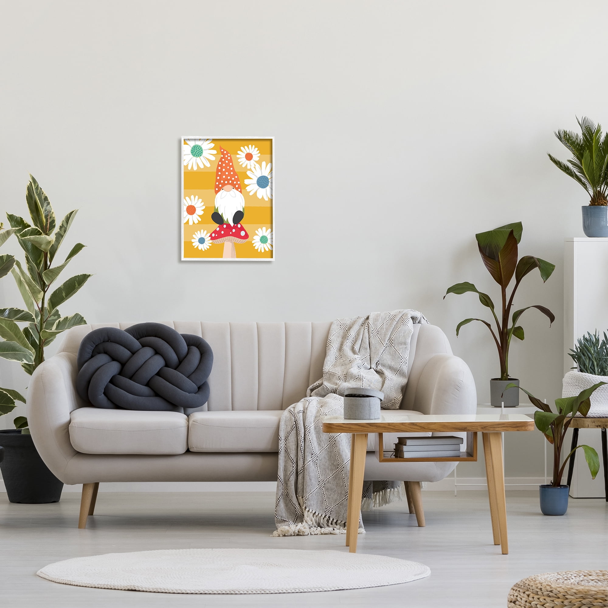 Stupell Industries Mushroom Garden Gnome White Daisies Yellow Stripes, 16 x 20, Designed by Lisa Whitebutton