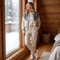 thumbnail image 5 of Women's Crew Neck Button Down Cardigan Sweater Fair Isle Snowflake Pattern Soft Knit Color Block Outerwear for Fall Winter, 5 of 7