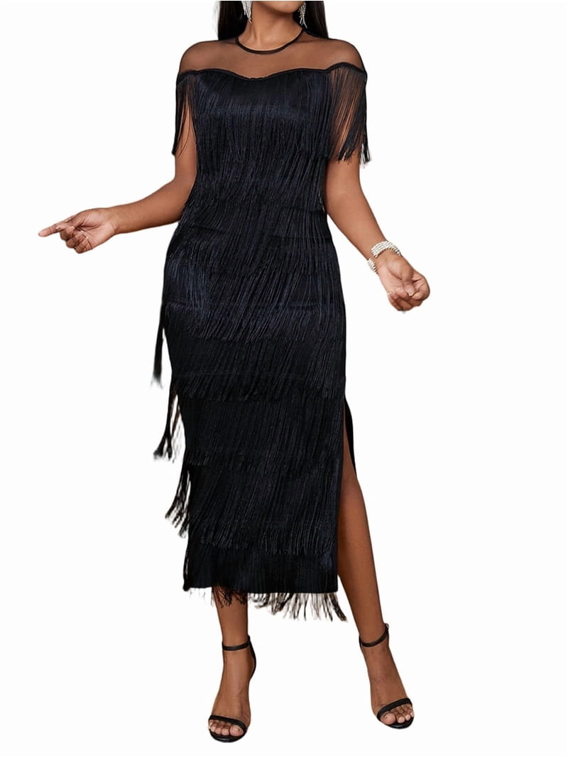 Women'S Plus Size 1920s Flapper Dress Sleeveless Deep V Neck Fringe All over Tassel Tiered Prom Party Midi Dress Red XXL