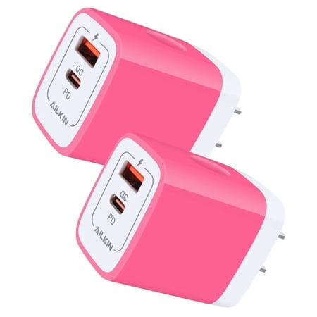 USB C Block 2PCS AILKIN 20W PD Type C Charger Block QC3.0 Dual USB Wall Charger Adapter Plug USB C Brick Power Delivery Fast Charge Quick Charging Charger Block Rose