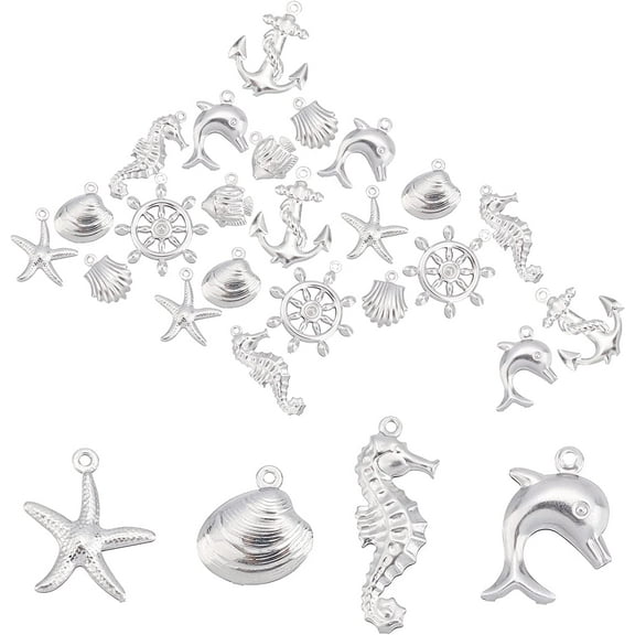 1 Box 80Pcs 8 Styles Starfish Charms Anchor Shell Stainless Steel Sea Animal Charms