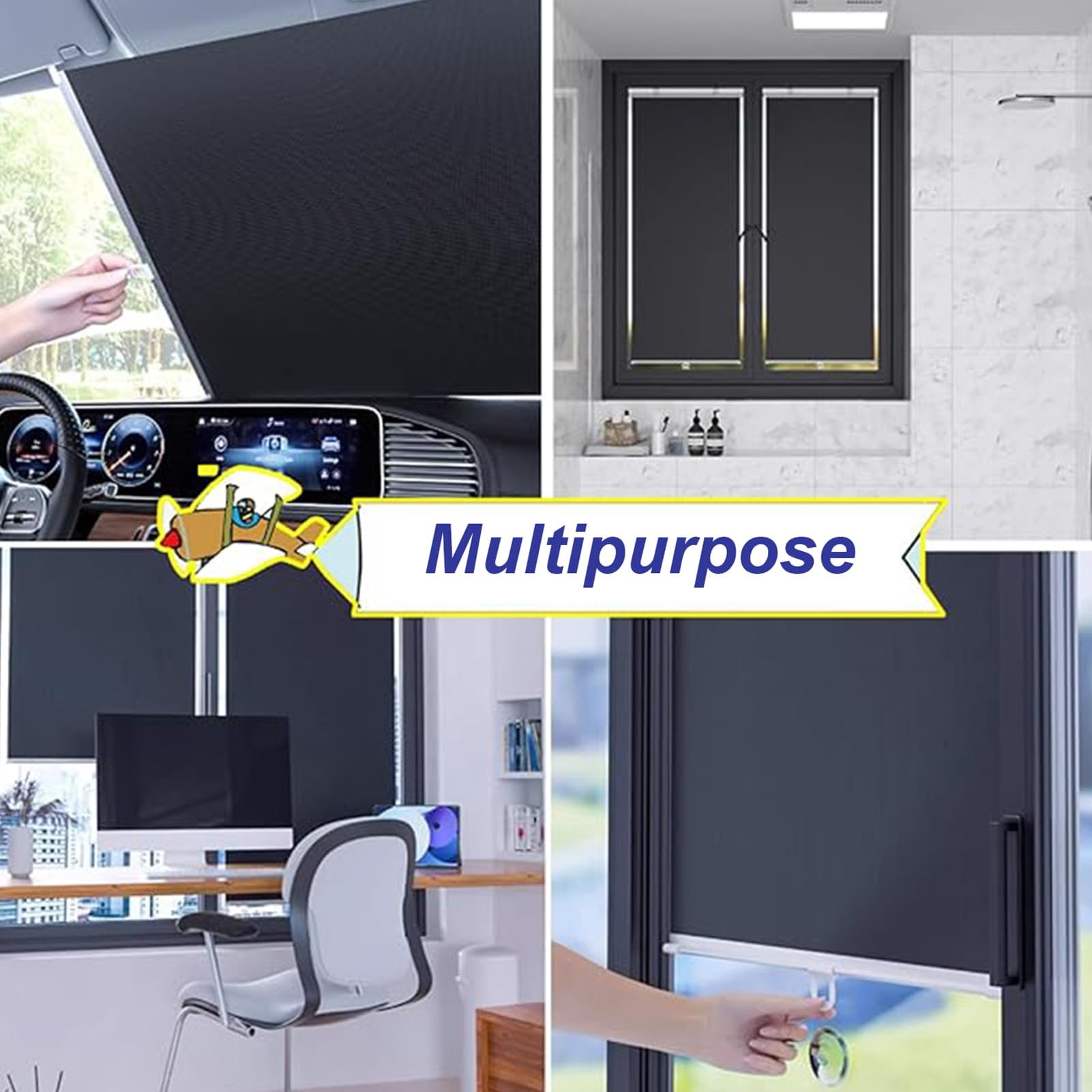 Suction Cup Roller Blinds for Windows, Black  Retractable Blackout Roller Blinds, No Drilling Sunshade Curtains