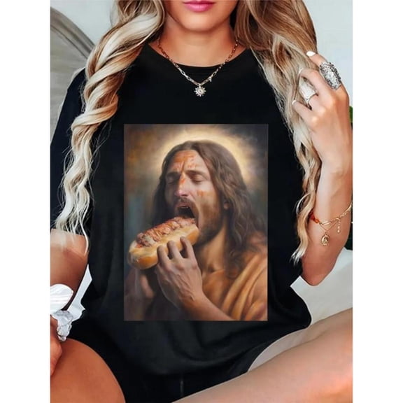 Humorous Religious - Themed Graphic Tee, Tops Has Jesus Eating Sandwich Design, Round Neck Regular Fit T - shirts, Size(S - 5XL)
