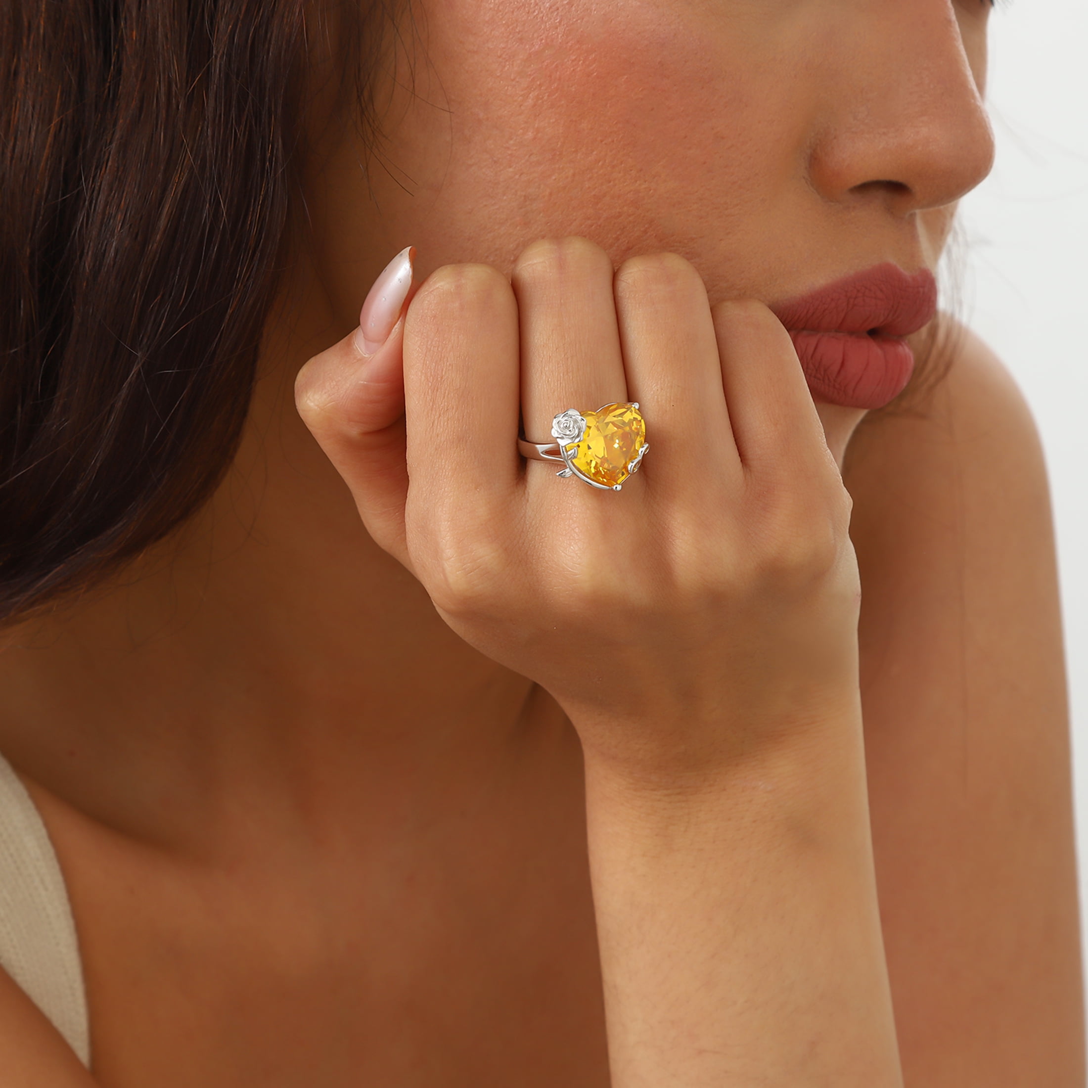 Juwaliy 9Ct Women Heart Ring 925 Sterling Silver Rose Flower November Birthstone Citrine Solitaire Ring Jewelry Christmas Thanksgiving Gift for Mother