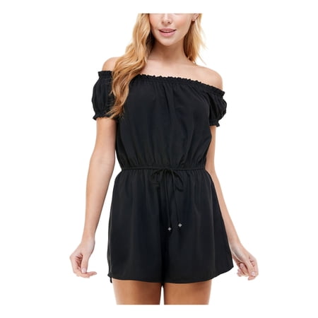 KINGSTON GREY Womens Black Stretch Ruffled Drawstring Beaded Accent Short Sleeve Off Shoulder Romper XXS