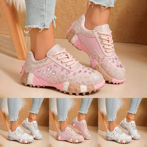 Dakaela Women's Rhinestone Walking Shoes Non Slip Sparkly Fashion Chunky Sneakers Lace up Workout Gym Casual Running Shoes Size 6-10 Red
