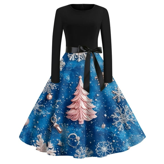 Christmas Dresses for Women Plus Size Glitter Xmas Tree Print Dress Long Sleeve Snowflake Cocktail Swing Dress Crew Neck Cute Vintage Dresses Christmas Party Costumes