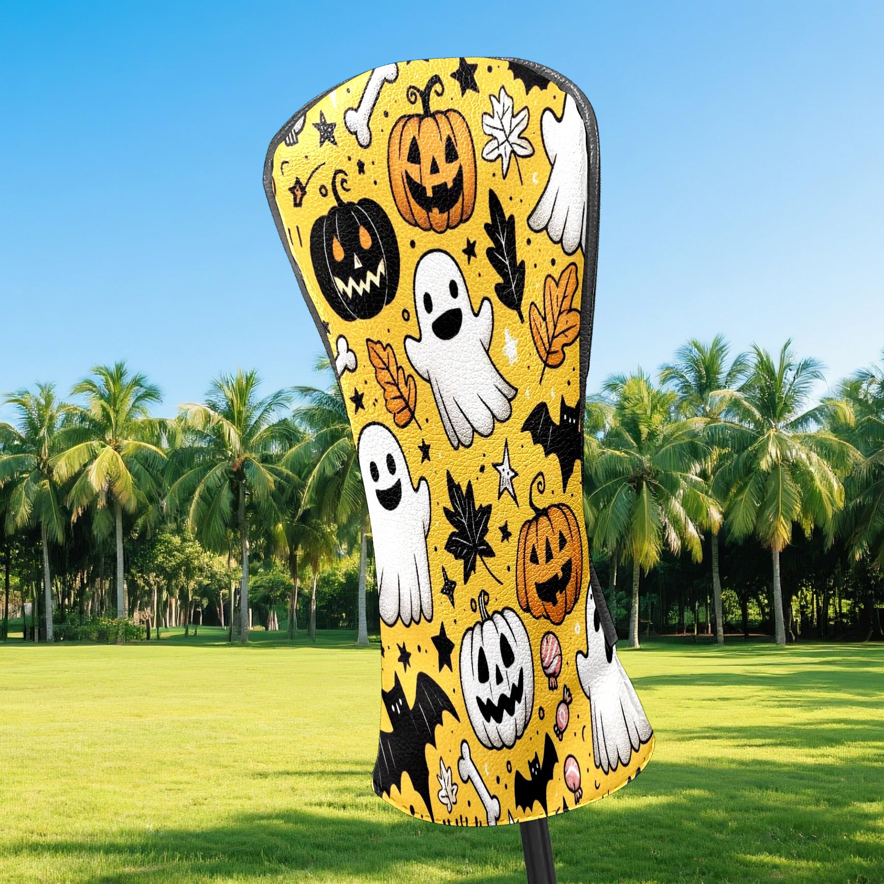 Golf Club Covers, Yellow Ghost Pumpkin Skull Premium PU Leather Driver Hybrid Putter Head Covers with Velvet Lining, Waterproof Golf Gifts for Men Women