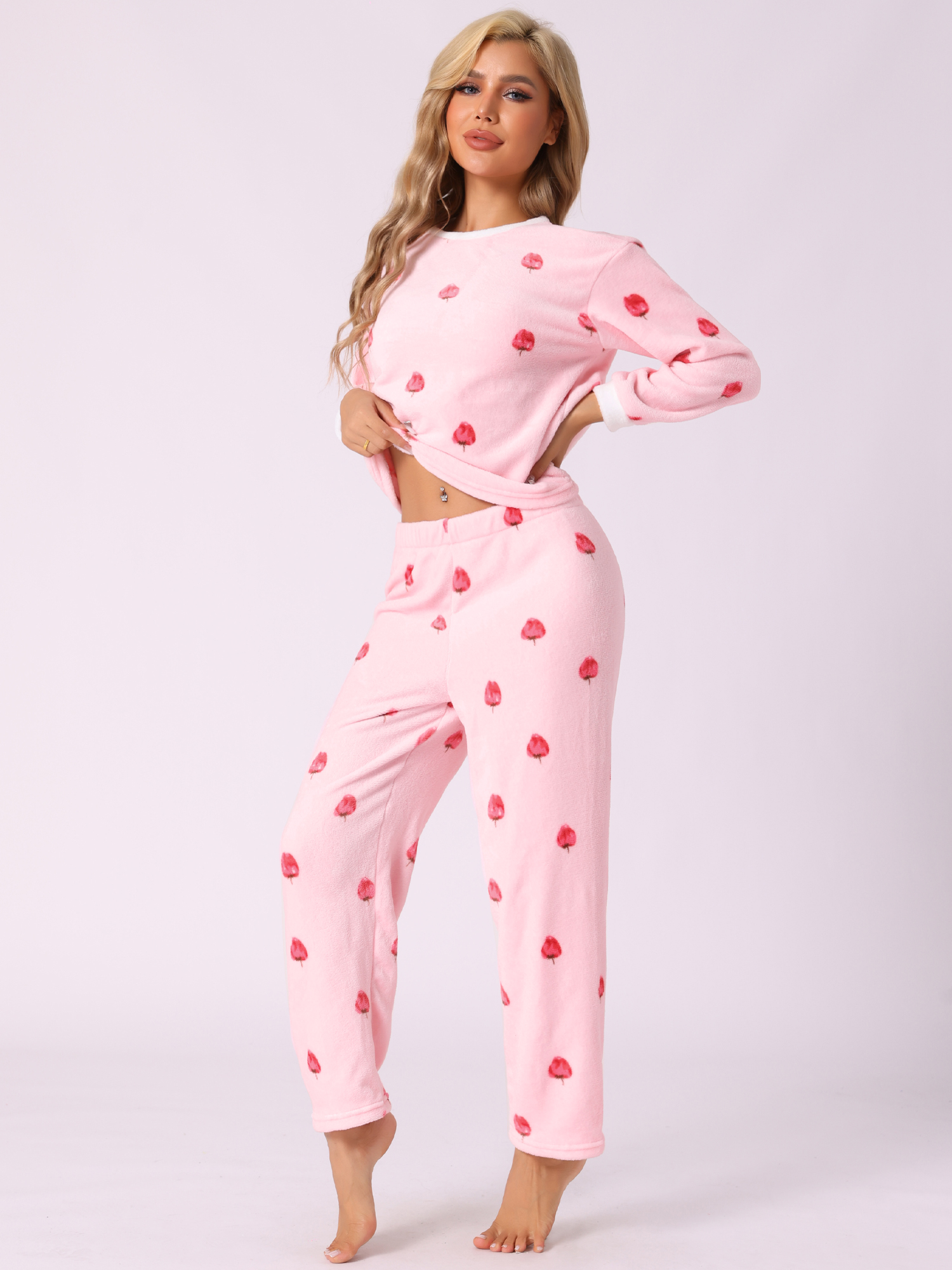 DARING DIVA Women's Plush Fleece Top and Pants Pajamas Set S Strawberry Pink