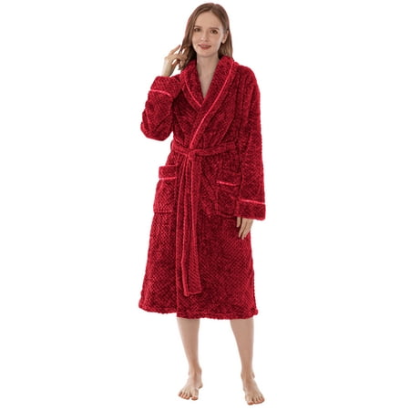 

PAVILIA Women Plush Fleece Robe Maroon Red Tan Soft Textured Bathrobe Lady Cozy Spa Long Robe Fuzzy Satin Waffle Trim S/M